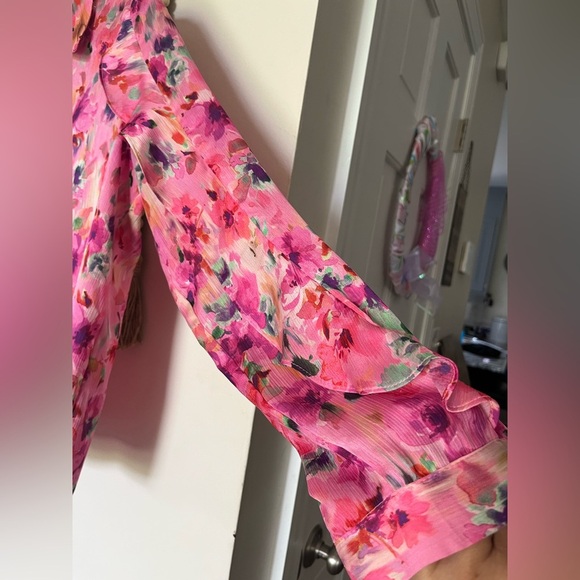 ZARA Pink Floral Button Down Long Sleeve Sheer Blouse with Collar Women’s Size S - Picture 5 of 13